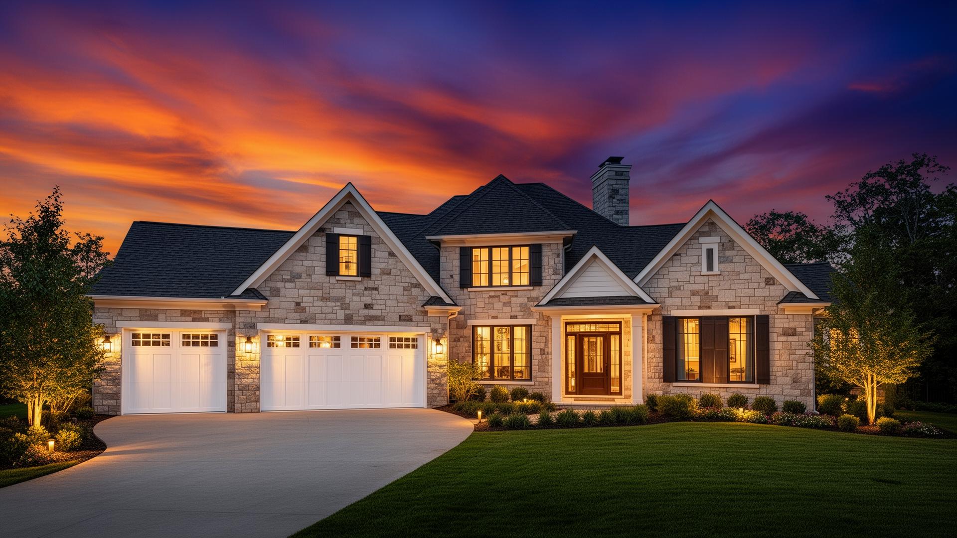 Beautiful Tudor style home with professional white raised panel garage doors at dusk